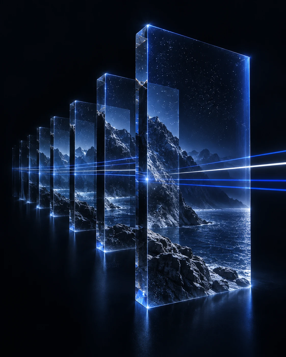 Glass columns reflecting a blue horizon