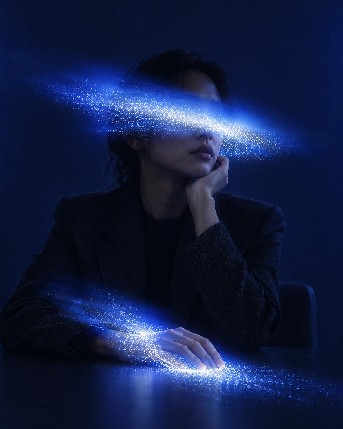 A person surrounded by a ribbon of blue light